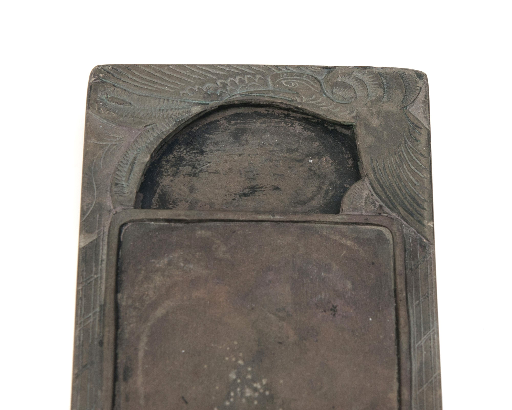 Antique Chinese Duan Green Hard Stone Inkstone/Ink Stone with Carved Bird & Well (Code 0913)