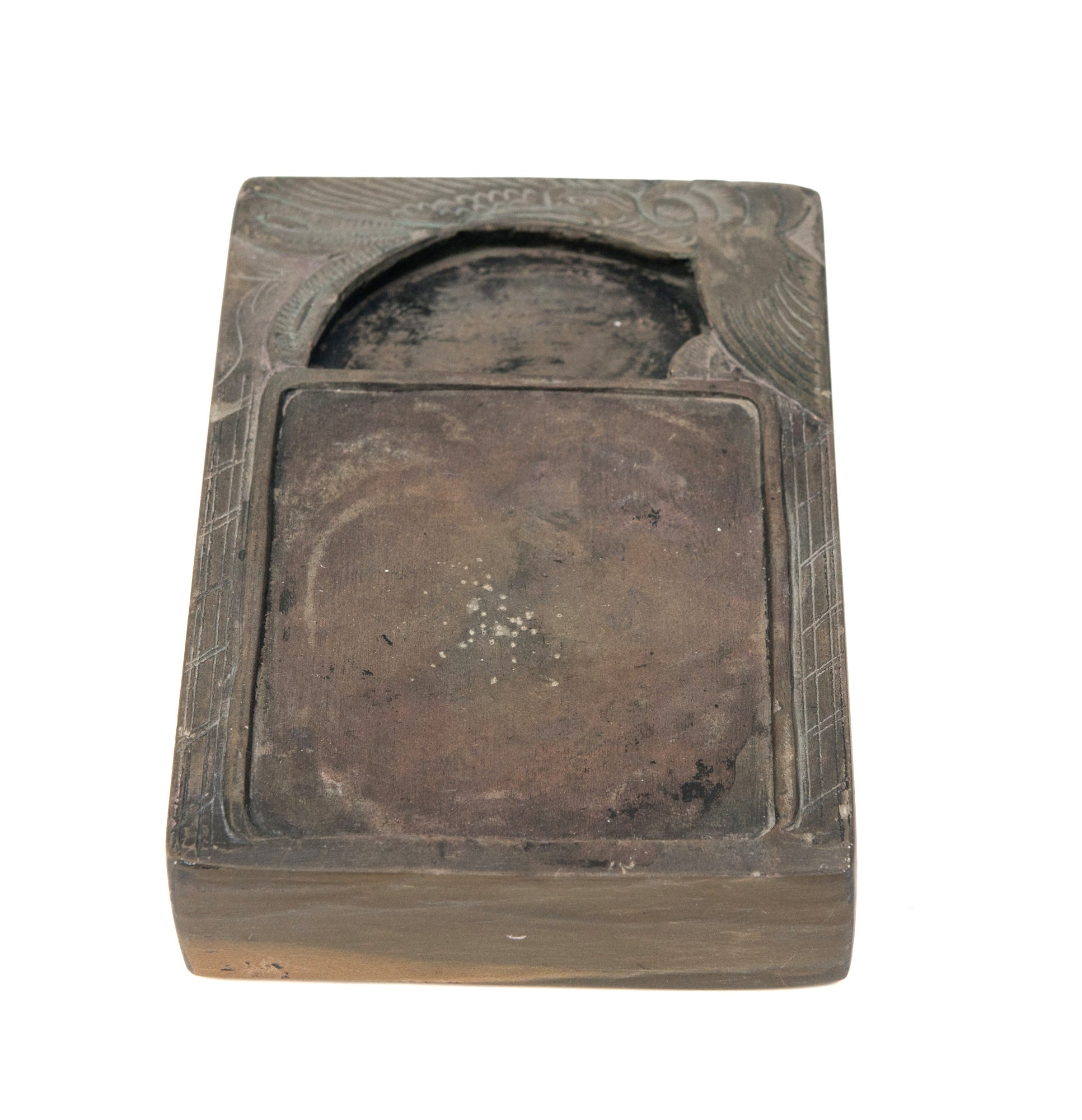 Antique Chinese Duan Green Hard Stone Inkstone/Ink Stone with Carved Bird & Well (Code 0913)
