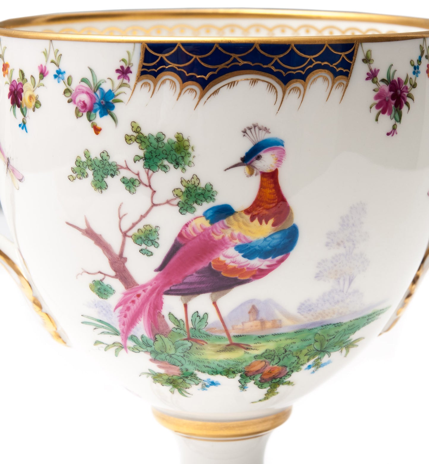 Antique Cauldon Ltd China Twin Handle Loving Cup with Exotic Birds c1915 (Code 0939)