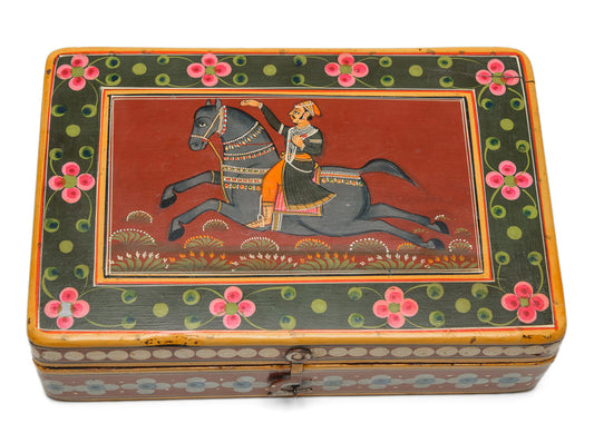 Interesting Antique Middle Eastern Hand Painted Horse & Figure Art/Writing/Cosmetic Box (Code 1009)