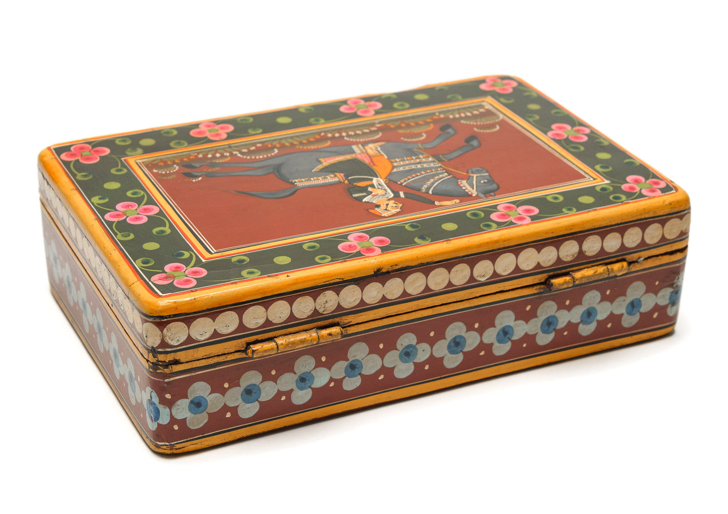 Interesting Antique Middle Eastern Hand Painted Horse & Figure Art/Writing/Cosmetic Box (Code 1009)