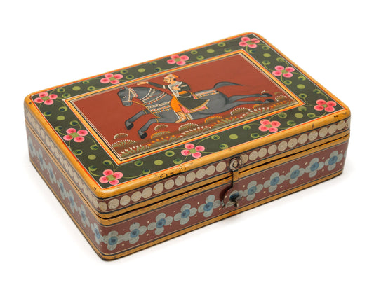 Interesting Antique Middle Eastern Hand Painted Horse & Figure Art/Writing/Cosmetic Box (Code 1009)