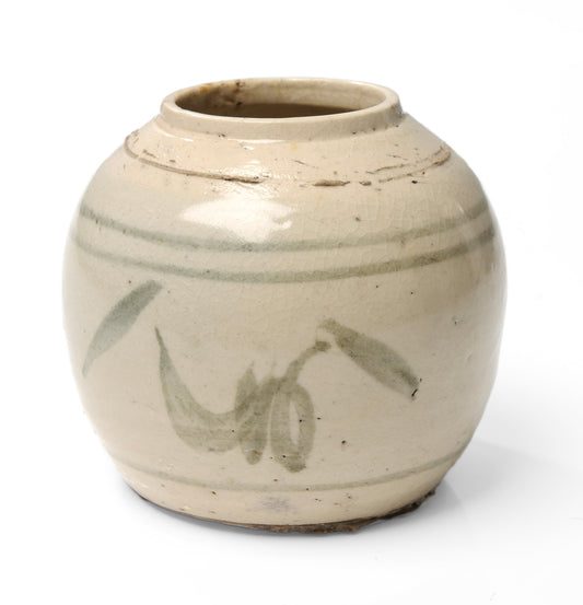 Antique Chinese Late Ming Period Stoneware Storage Jar with Grey/Green Design (Code 1052)