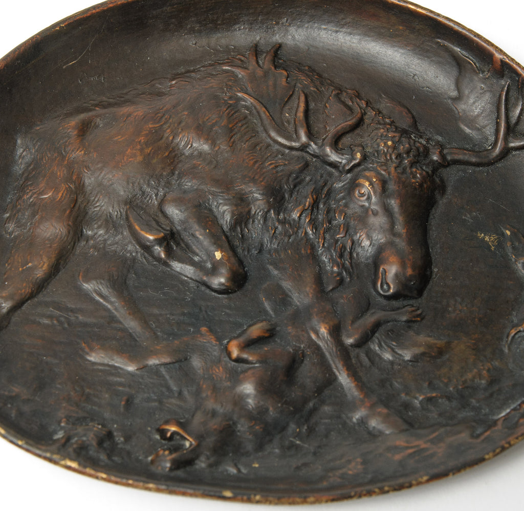 Antique Austrian Bronze Berndorf Vide Poche Dish - Moose Attacking Wolf c1890 (Code 1064)