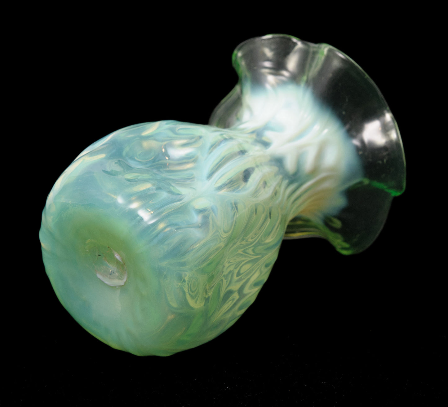 Rare Antique John Walsh Walsh Opaline Brocade Green Vaseline Glass Vase c1890 (Code 1071)