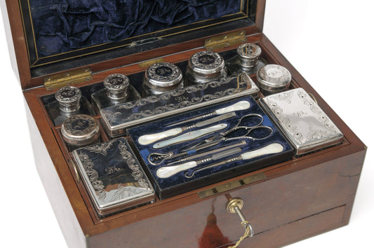 Antique Burr Walnut Dressing Case Box & Silver Plated Fittings by Samuel Fisher of London (Code 1082)