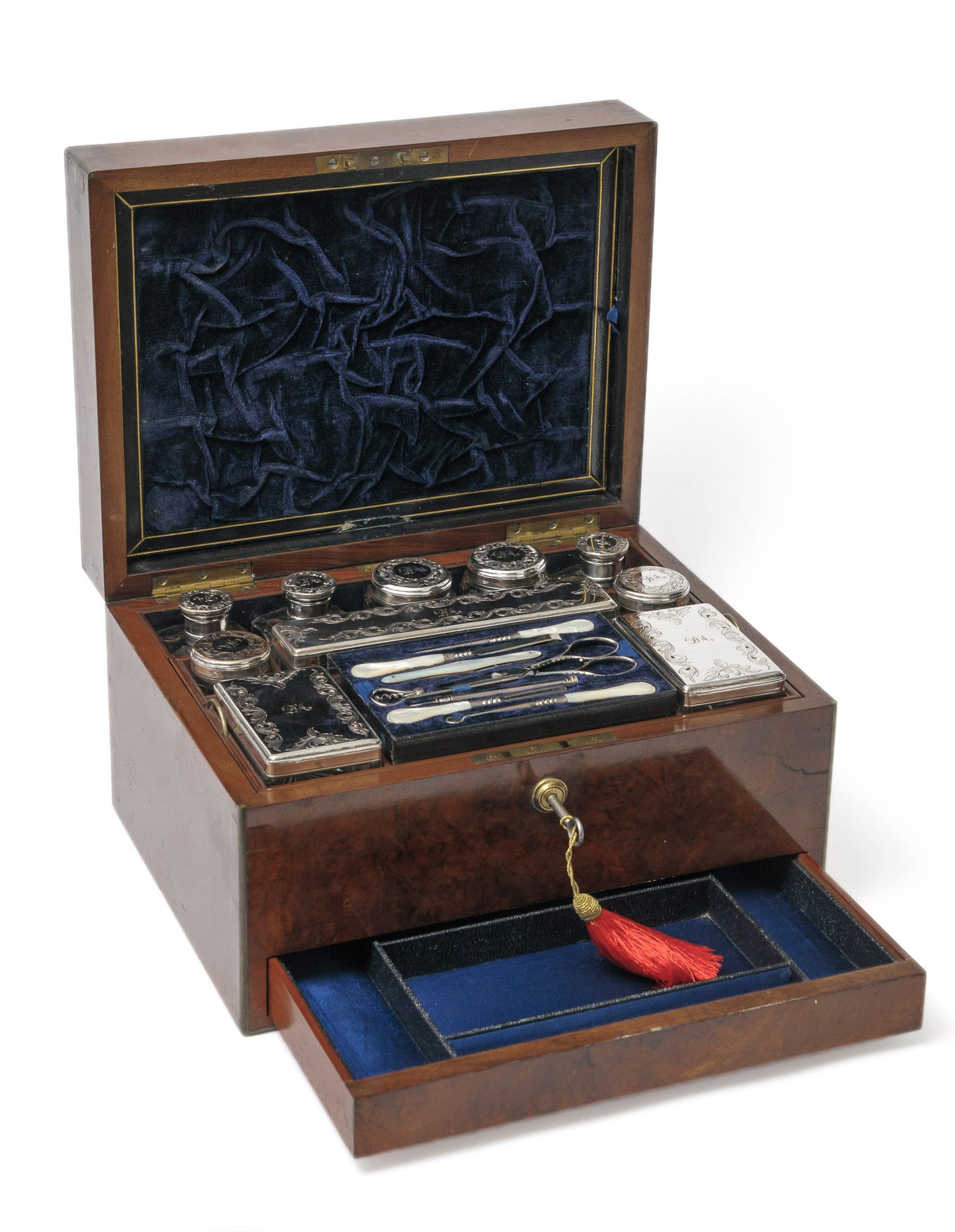 Antique Burr Walnut Dressing Case Box & Silver Plated Fittings by Samuel Fisher of London (Code 1082)