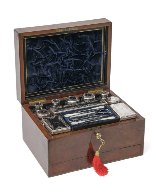 Antique Burr Walnut Dressing Case Box & Silver Plated Fittings by Samuel Fisher of London (Code 1082)