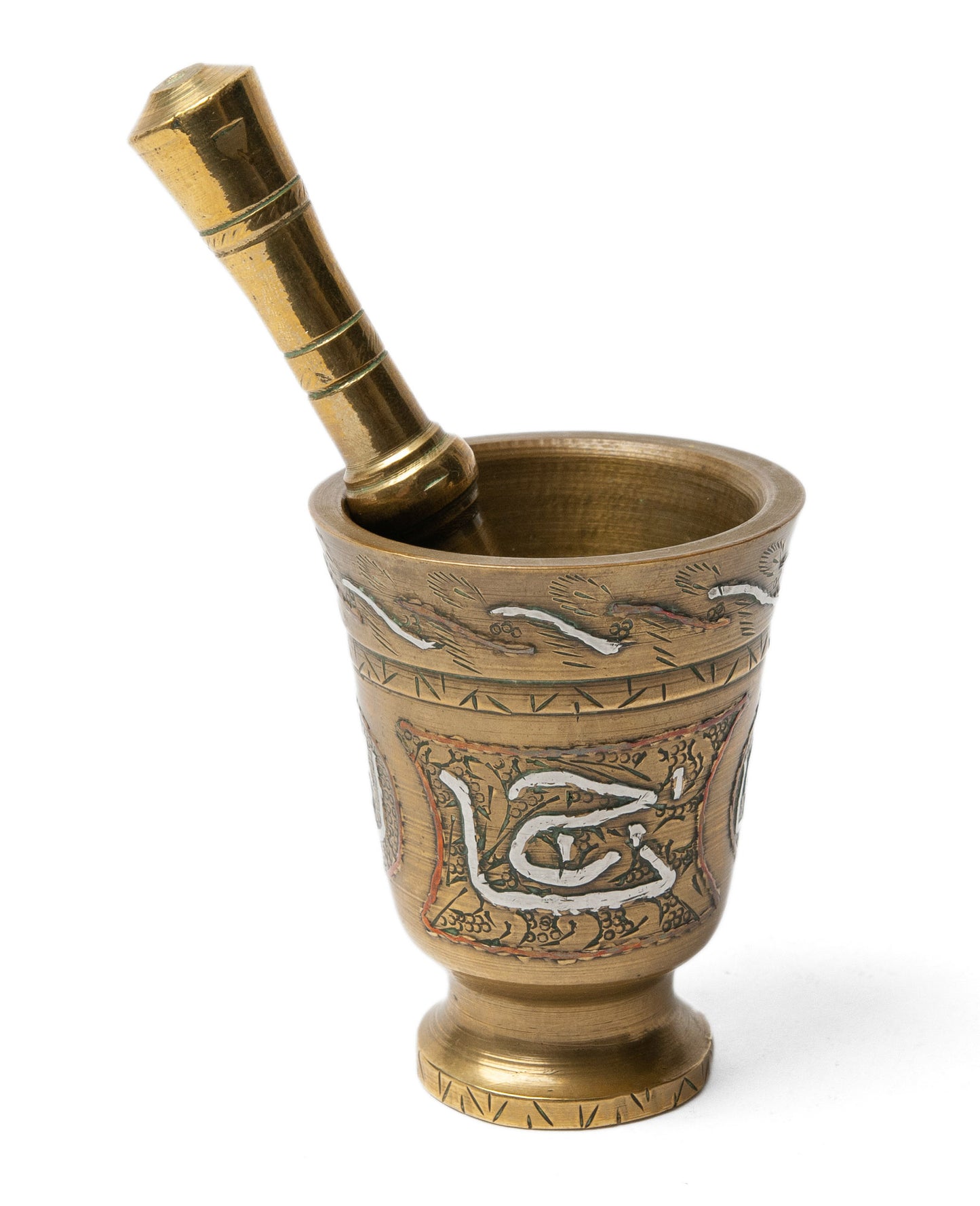 Vintage Cairoware Islamic Small Brass Pestle & Mortar with Copper & Silver Inlay (Code 1113)
