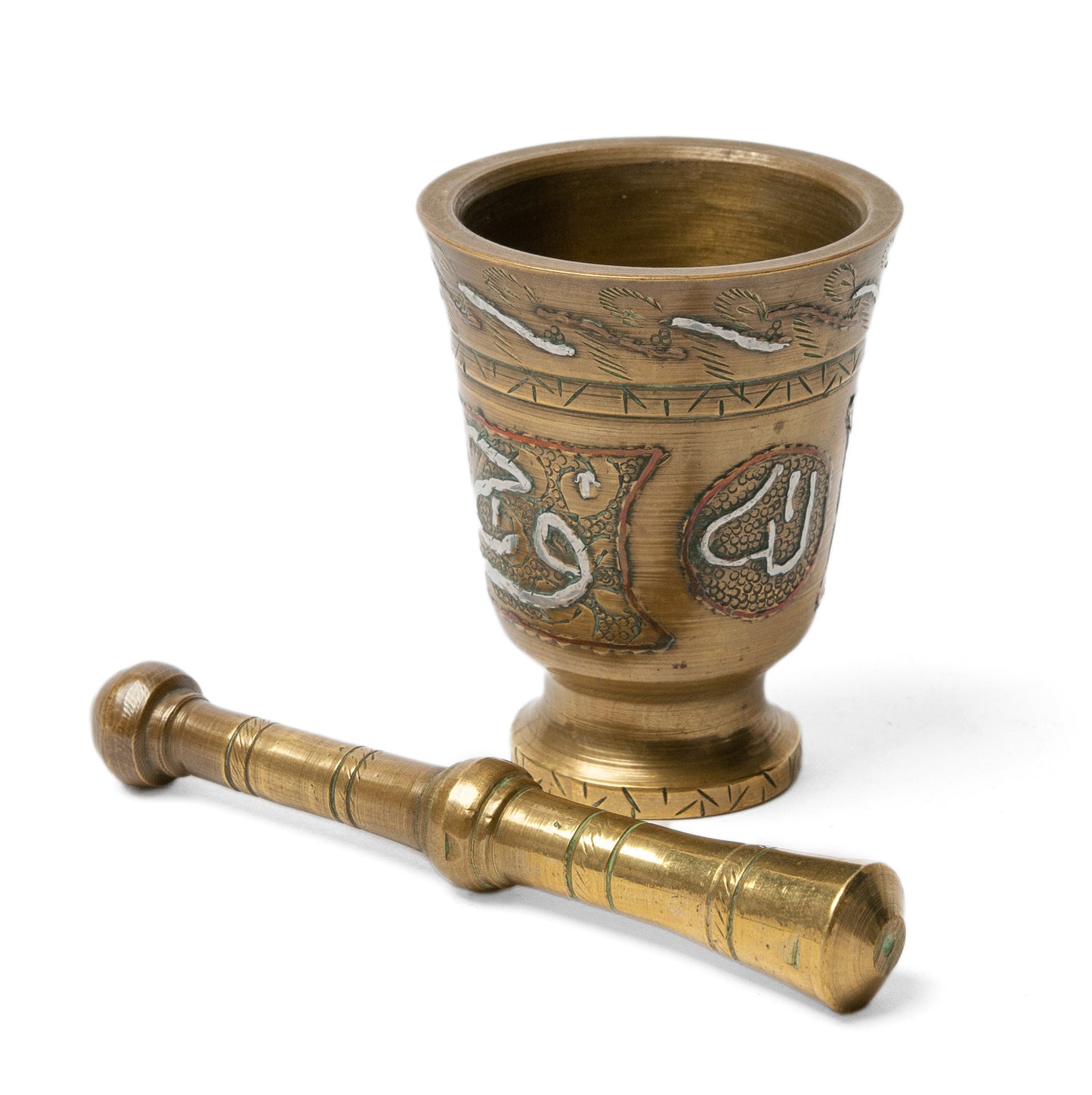 Vintage Cairoware Islamic Small Brass Pestle & Mortar with Copper & Silver Inlay (Code 1113)