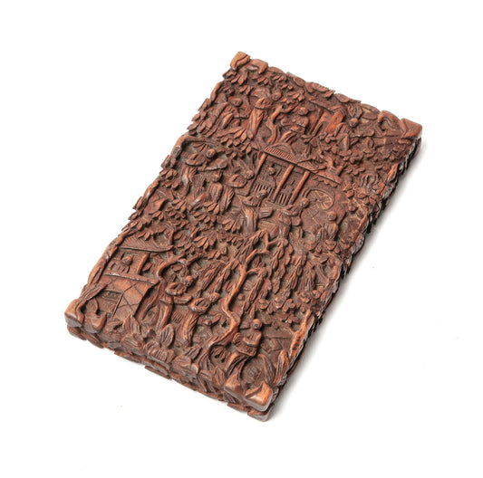 Antique Chinese Cantonese Region Carved Hardwood Card Case - People in Garden (Code 1115)