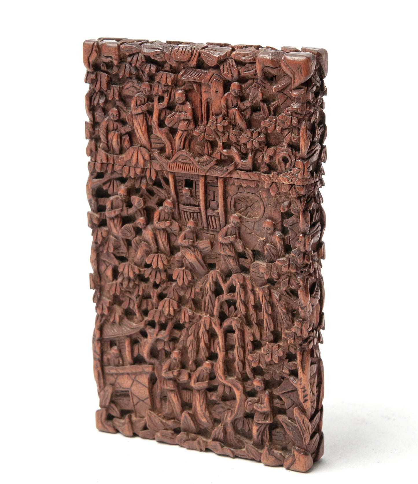 Antique Chinese Cantonese Region Carved Hardwood Card Case - People in Garden (Code 1115)