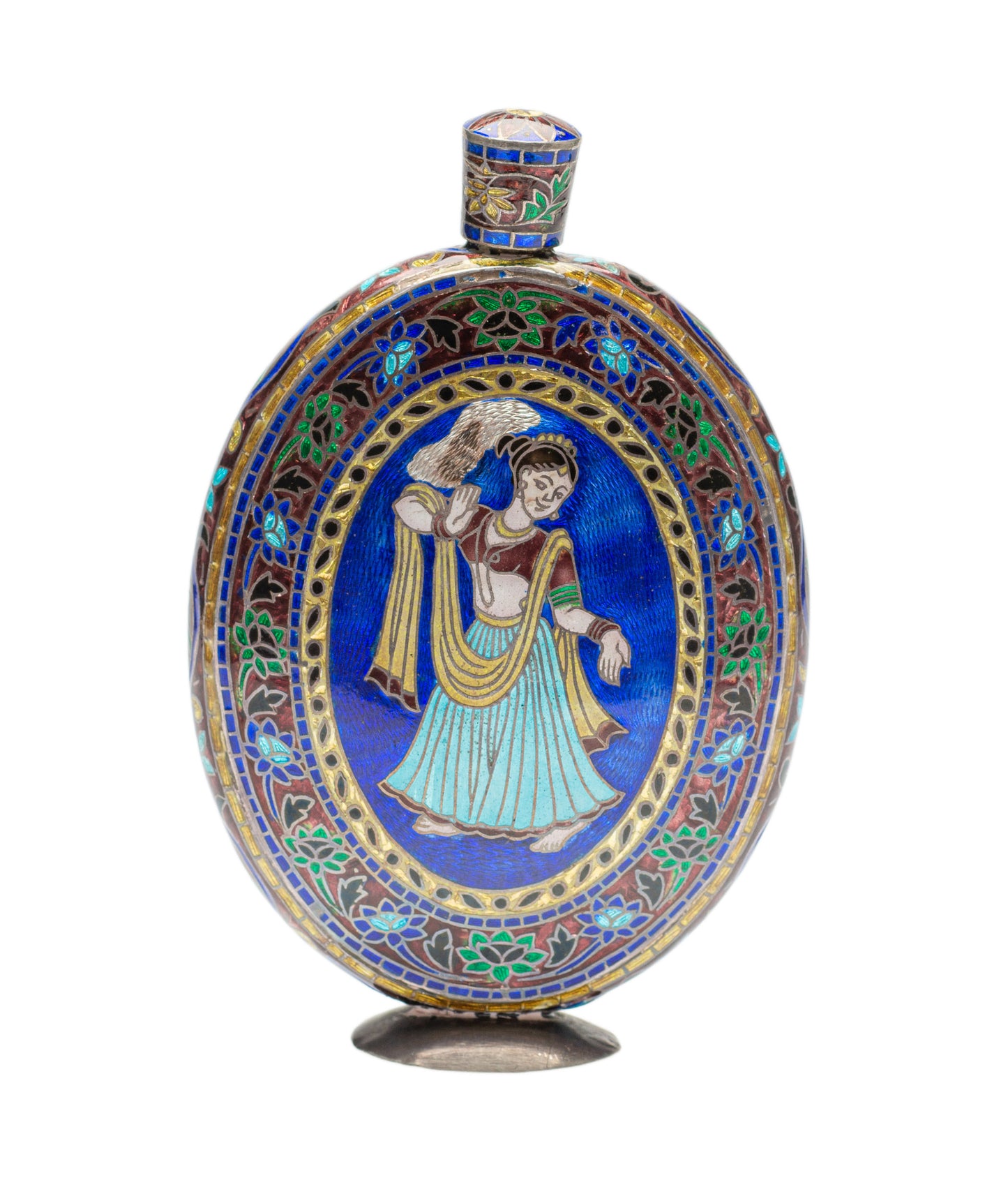 Antique Indian White Metal & Enamel Cloisonne Betel Nut Slaked Lime Powder Flask (Code 1173)