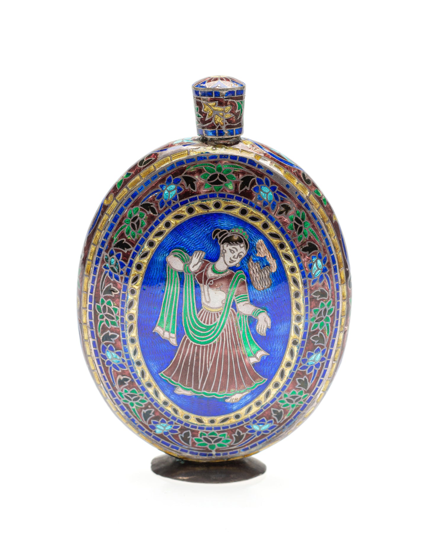 Antique Indian White Metal & Enamel Cloisonne Betel Nut Slaked Lime Powder Flask (Code 1173)