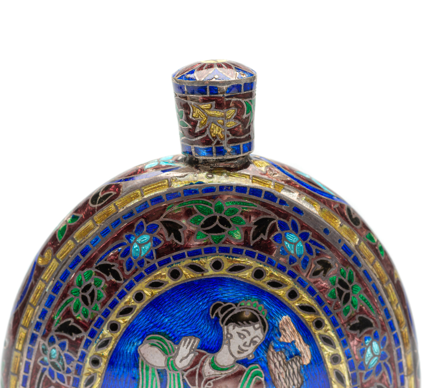 Antique Indian White Metal & Enamel Cloisonne Betel Nut Slaked Lime Powder Flask (Code 1173)