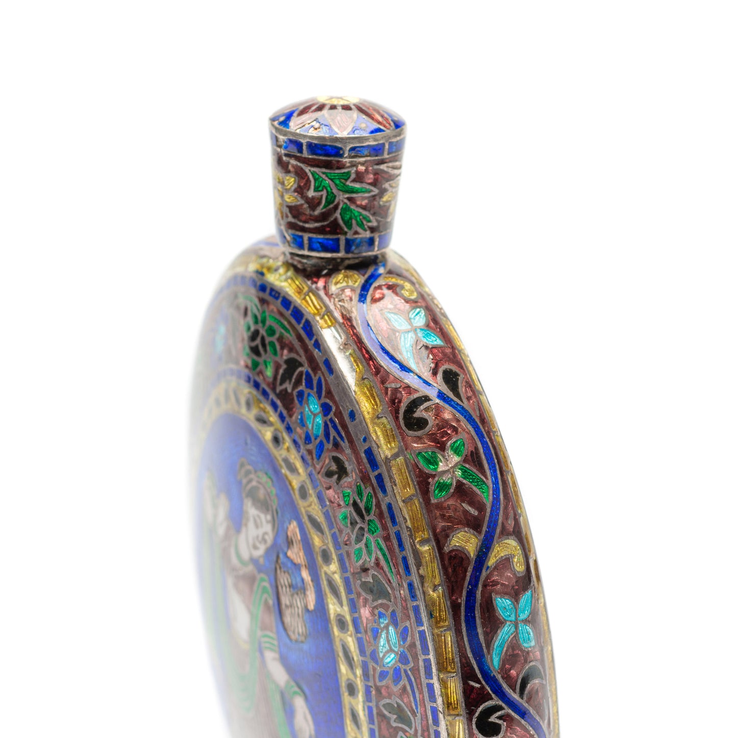 Antique Indian White Metal & Enamel Cloisonne Betel Nut Slaked Lime Powder Flask (Code 1173)