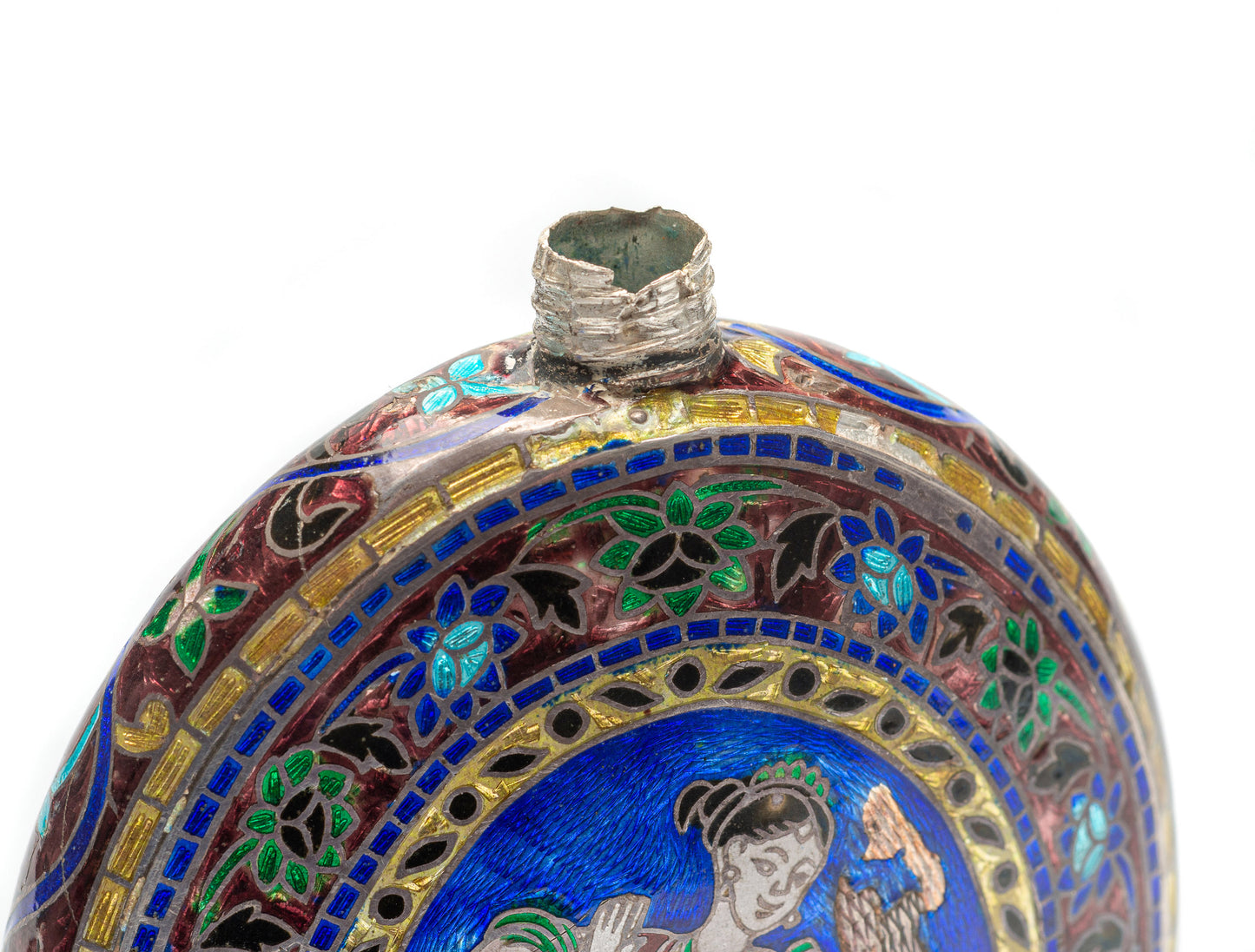 Antique Indian White Metal & Enamel Cloisonne Betel Nut Slaked Lime Powder Flask (Code 1173)