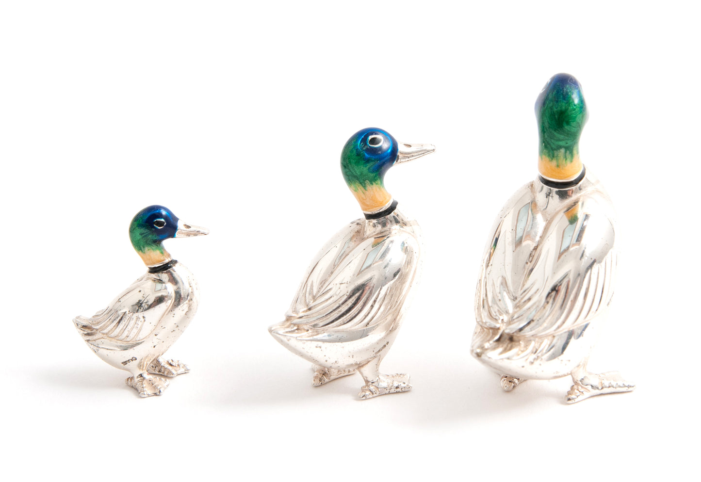Set of Three Saturno Silver & Enamel Mallard Ducks with Certificates (Code 1335)
