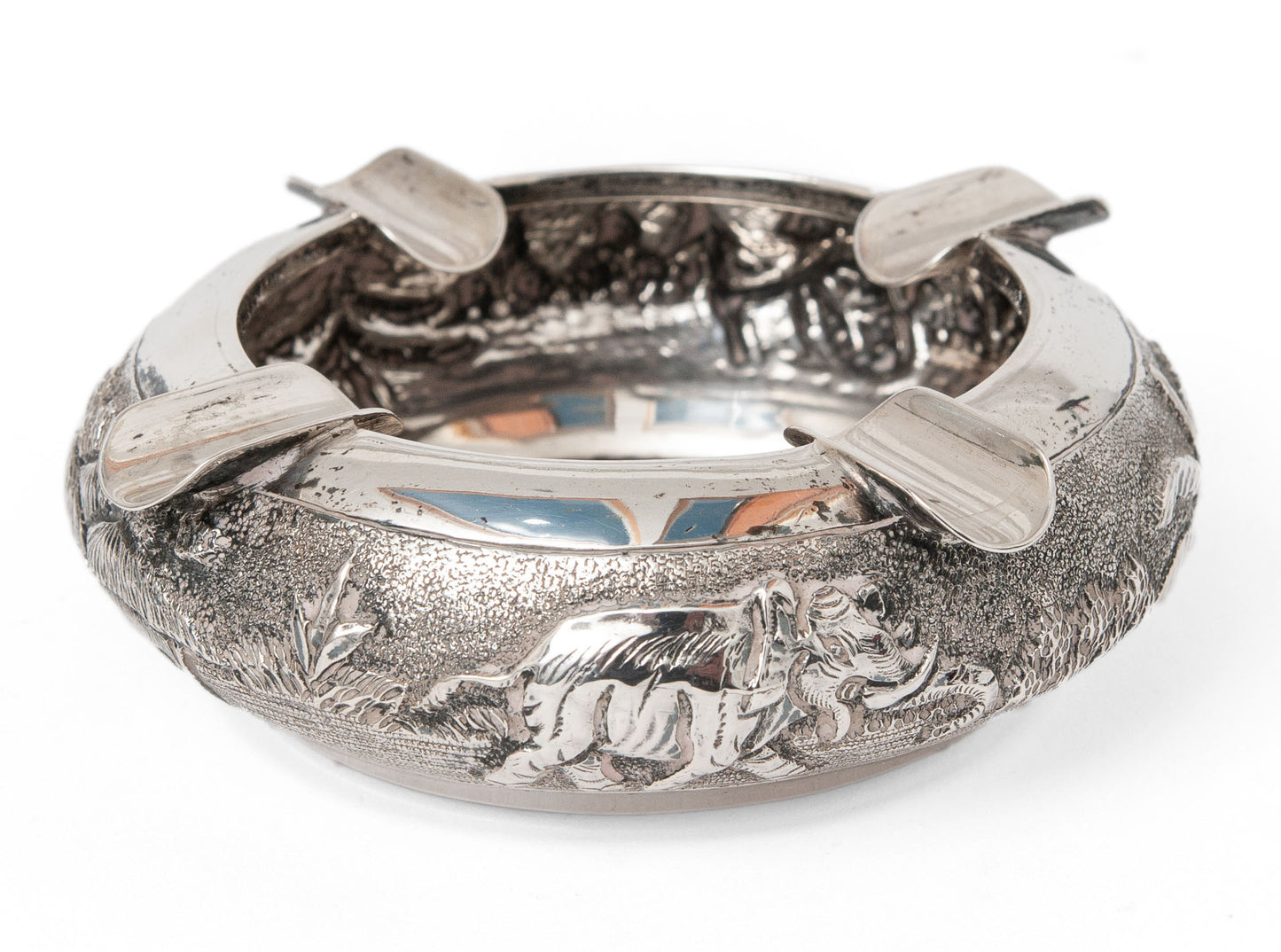 Vintage Burmese/Thai Sterling Silver Repousse Ashtray with Tropical Elephant (Code 1384)