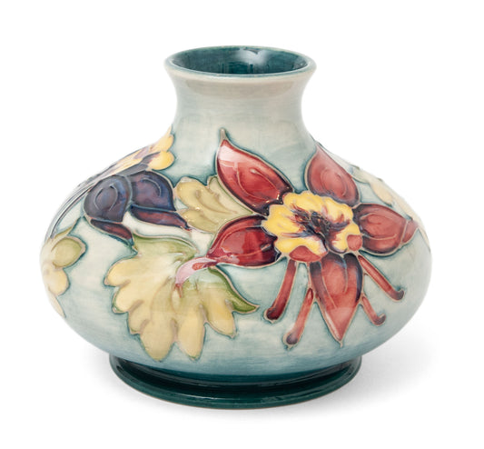 Vintage Moorcroft Art Pottery Columbine Pattern Vase with Sea Green Ground (Code 1432)