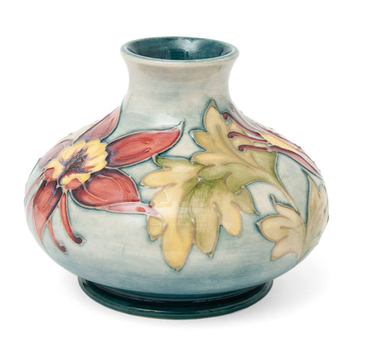 Vintage Moorcroft Art Pottery Columbine Pattern Vase with Sea Green Ground (Code 1432)