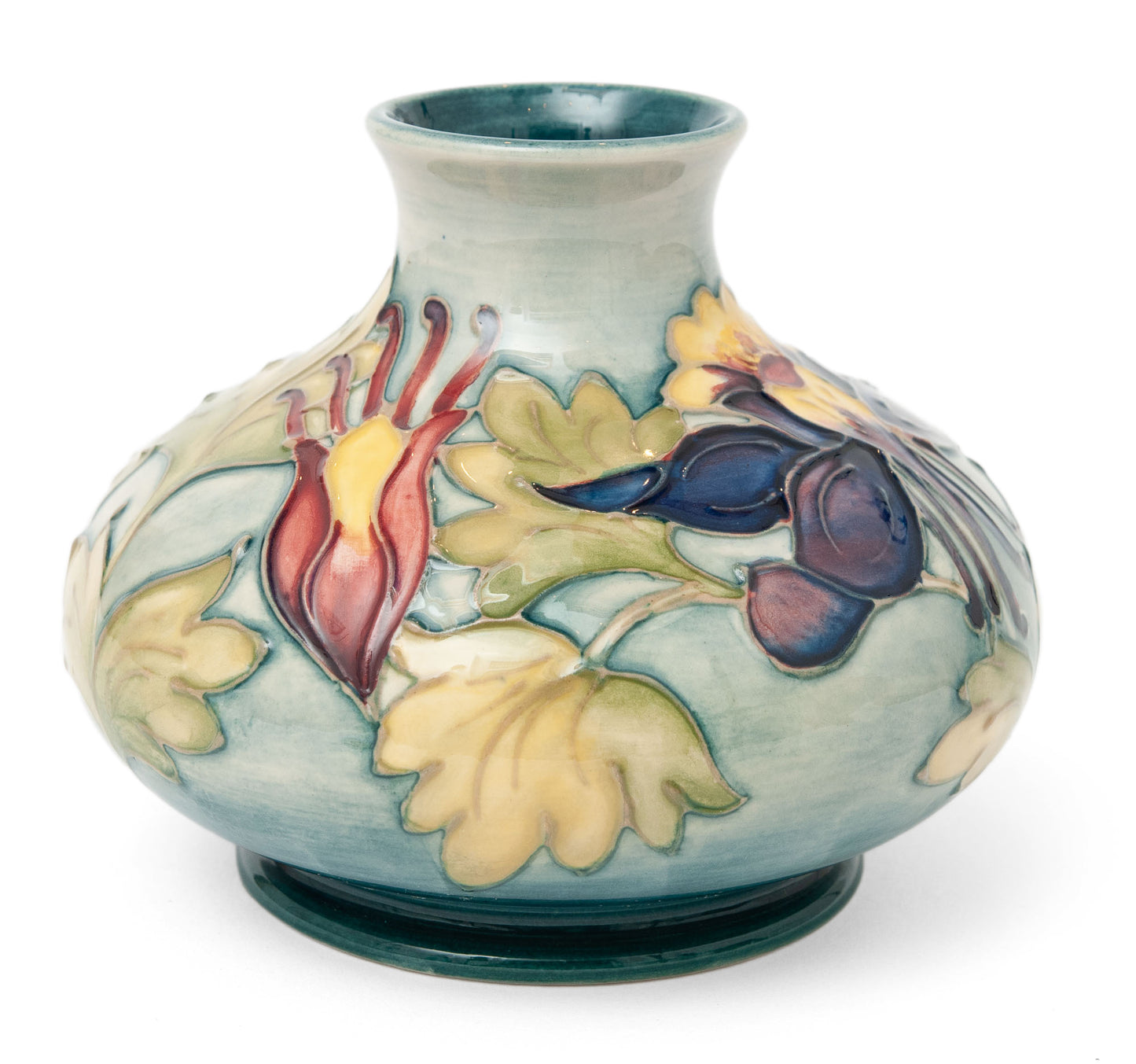 Vintage Moorcroft Art Pottery Columbine Pattern Vase with Sea Green Ground (Code 1432)