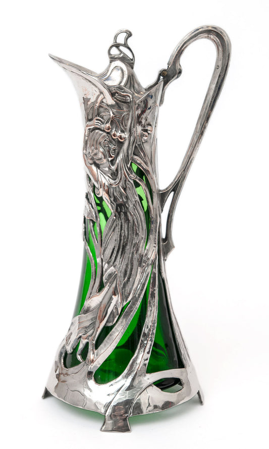 Antique Warszawa WMF Silver Plated Art Nouveau Large Green Glass Claret Jug (Code 1444)