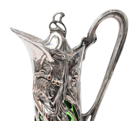 Antique Warszawa WMF Silver Plated Art Nouveau Large Green Glass Claret Jug (Code 1444)