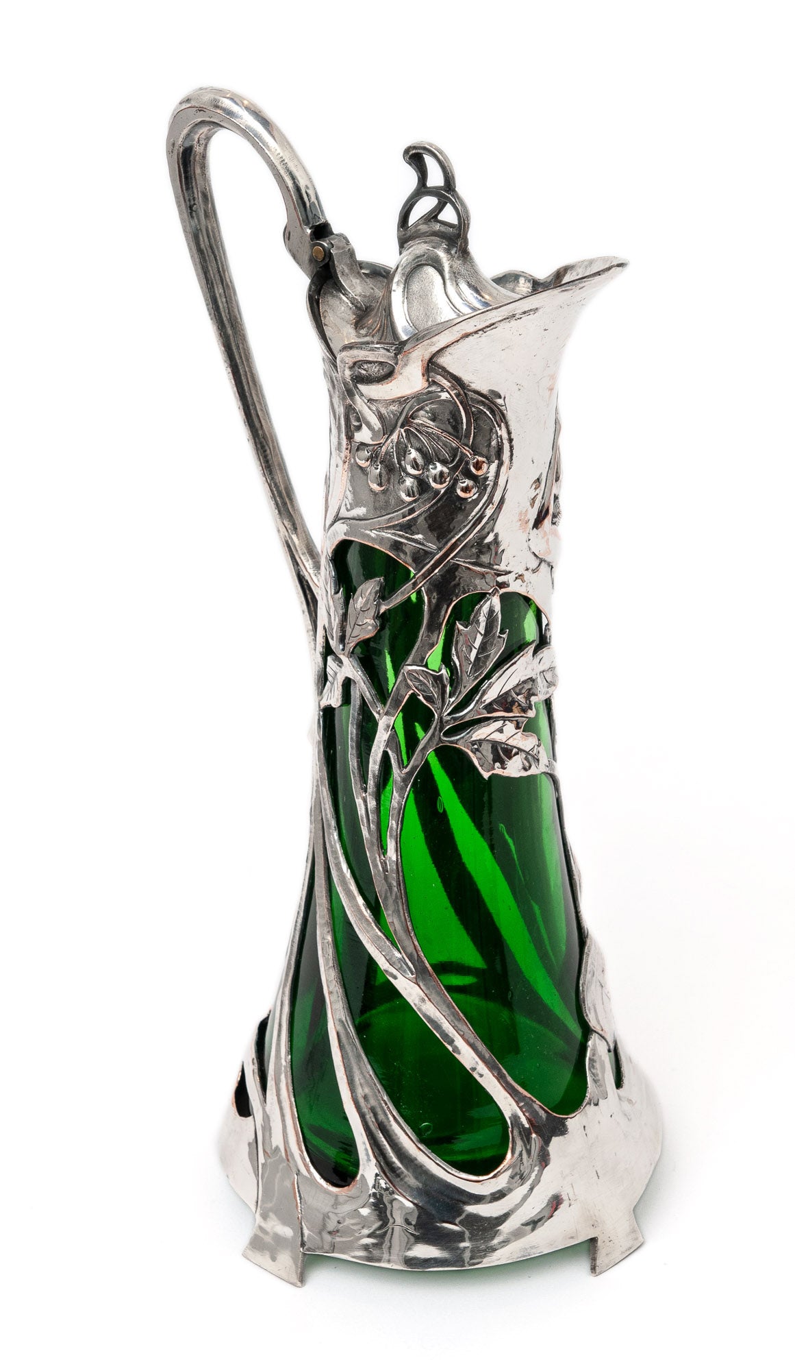 Antique Warszawa WMF Silver Plated Art Nouveau Large Green Glass Claret Jug (Code 1444)