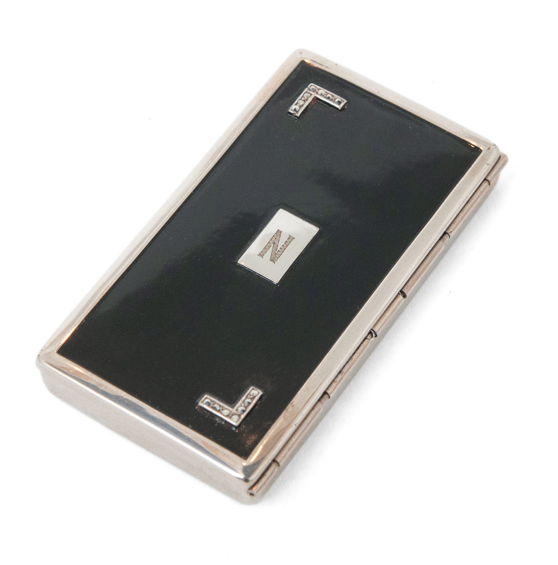Rare Marathon MA USA Slydacase Art Deco Black Enamel Powder Compact Case (Code 1447)