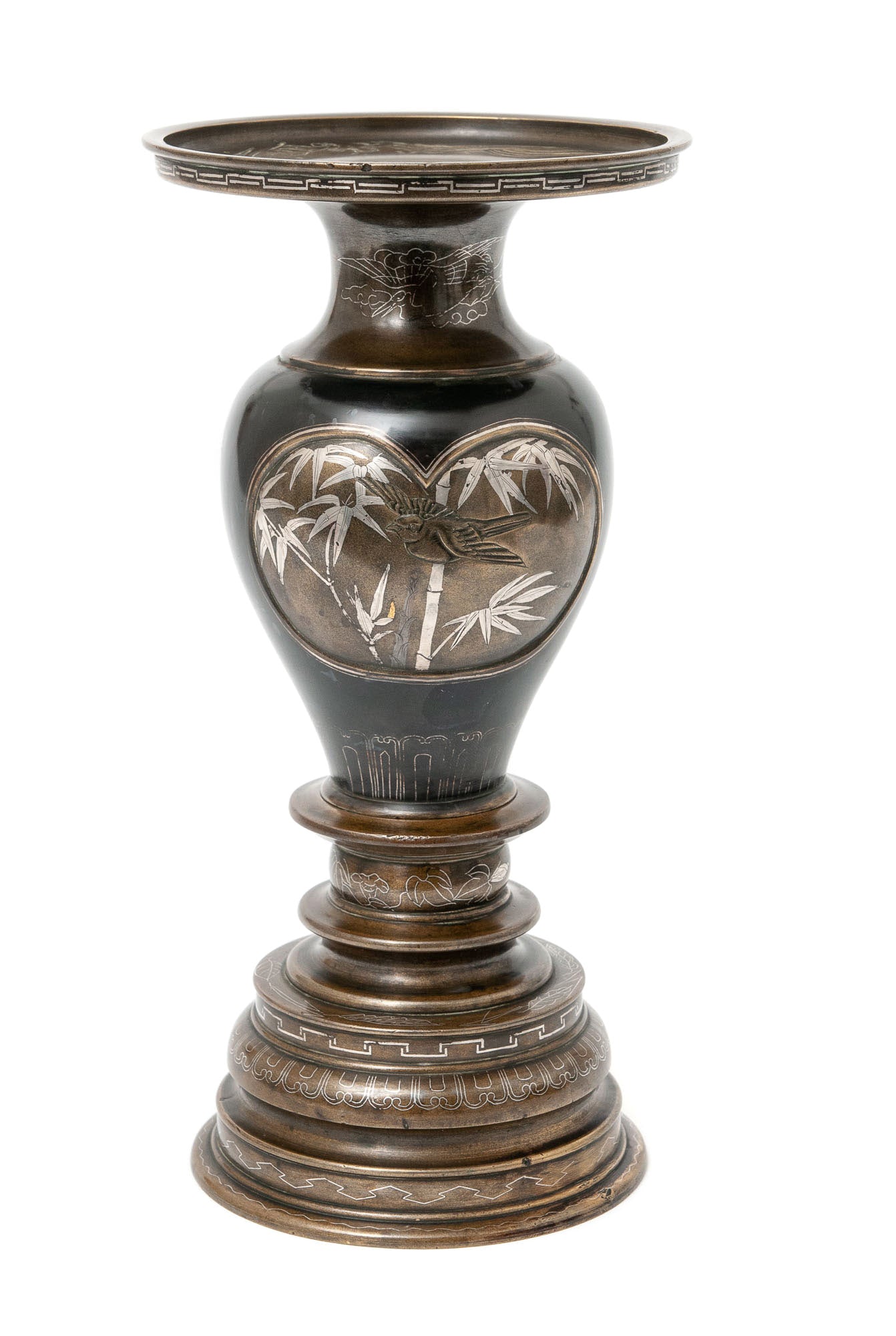 Fine Antique Meiji Period Japanese Bronze & Mixed Metal Inlaid Patinated Vase (Code 1463)