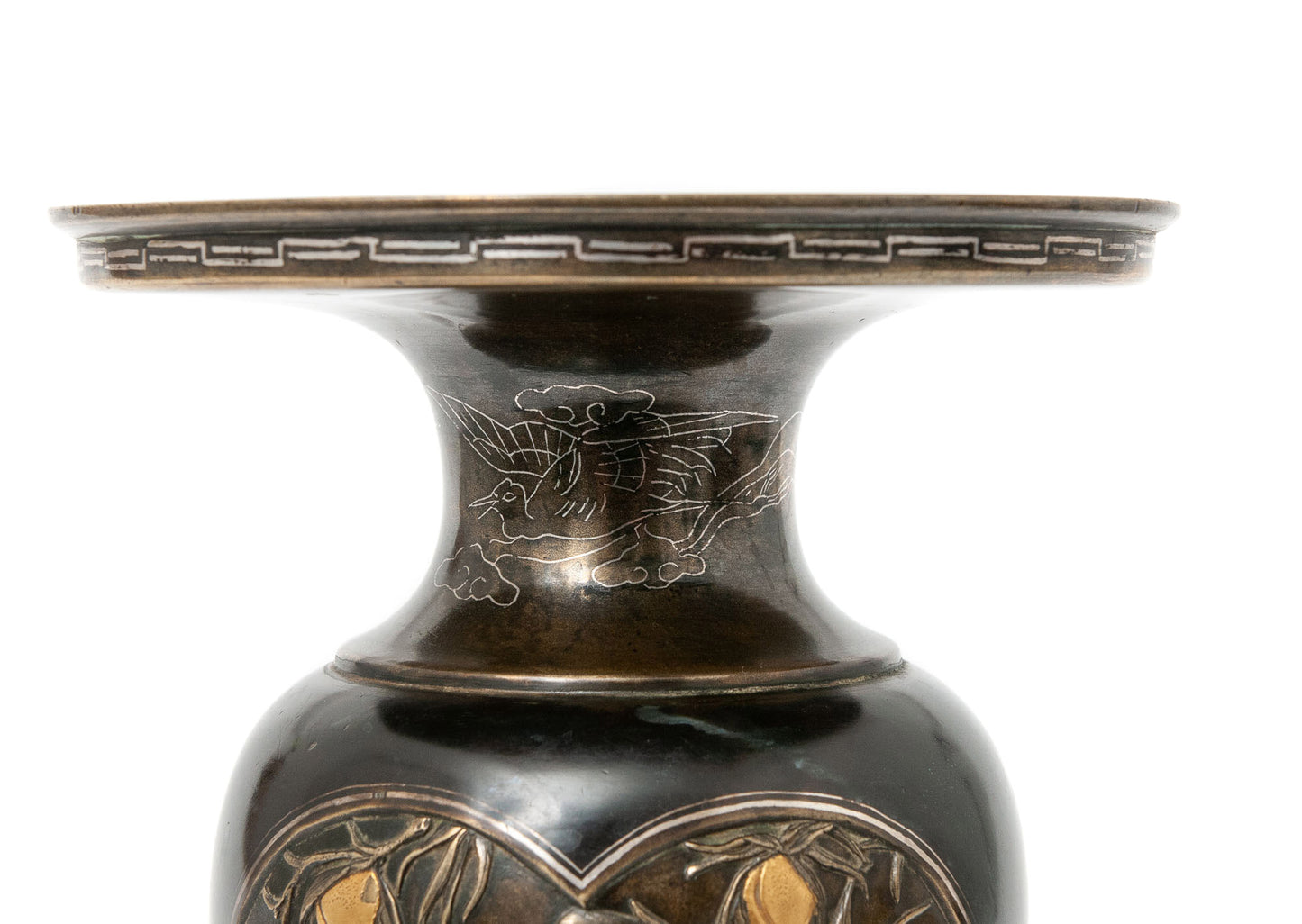 Fine Antique Meiji Period Japanese Bronze & Mixed Metal Inlaid Patinated Vase (Code 1463)