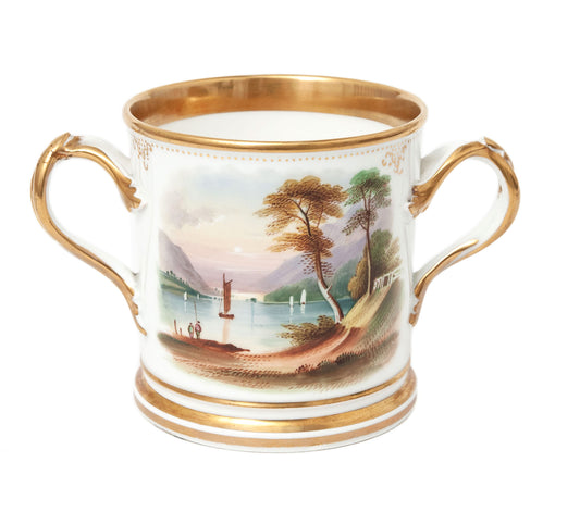 Antique Staffordshire Porcelain Hand Painted Gilt Dedicated Scenic Loving Cup (Code 1481)