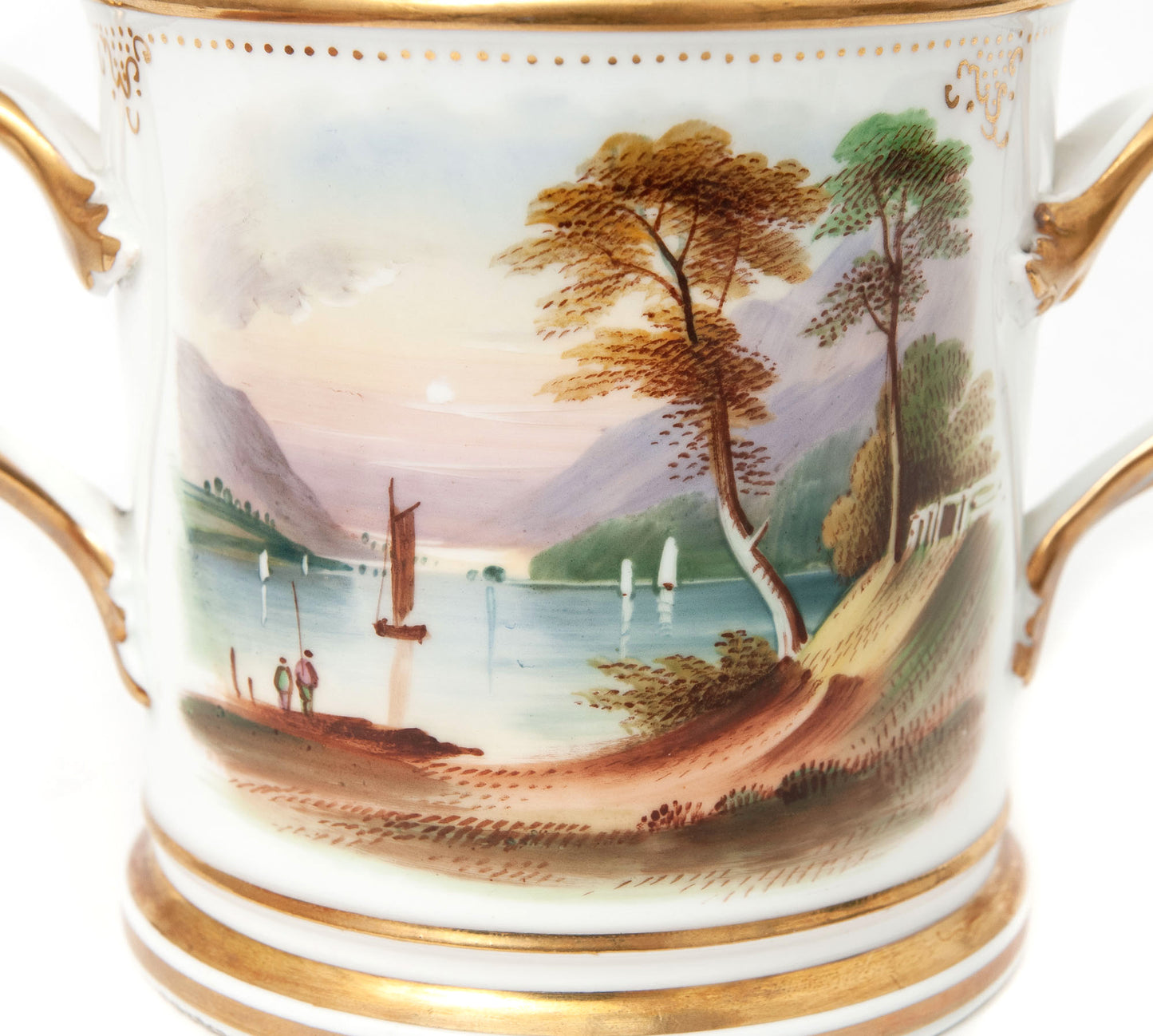 Antique Staffordshire Porcelain Hand Painted Gilt Dedicated Scenic Loving Cup (Code 1481)