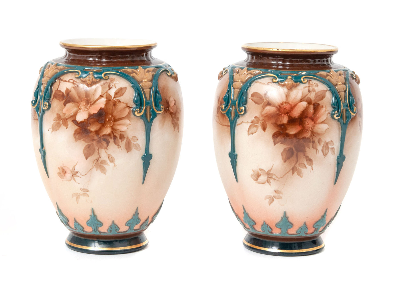 Pair of Antique Hadley Worcester China Hand Painted Monochrome Vases c1900 (Code 1530)