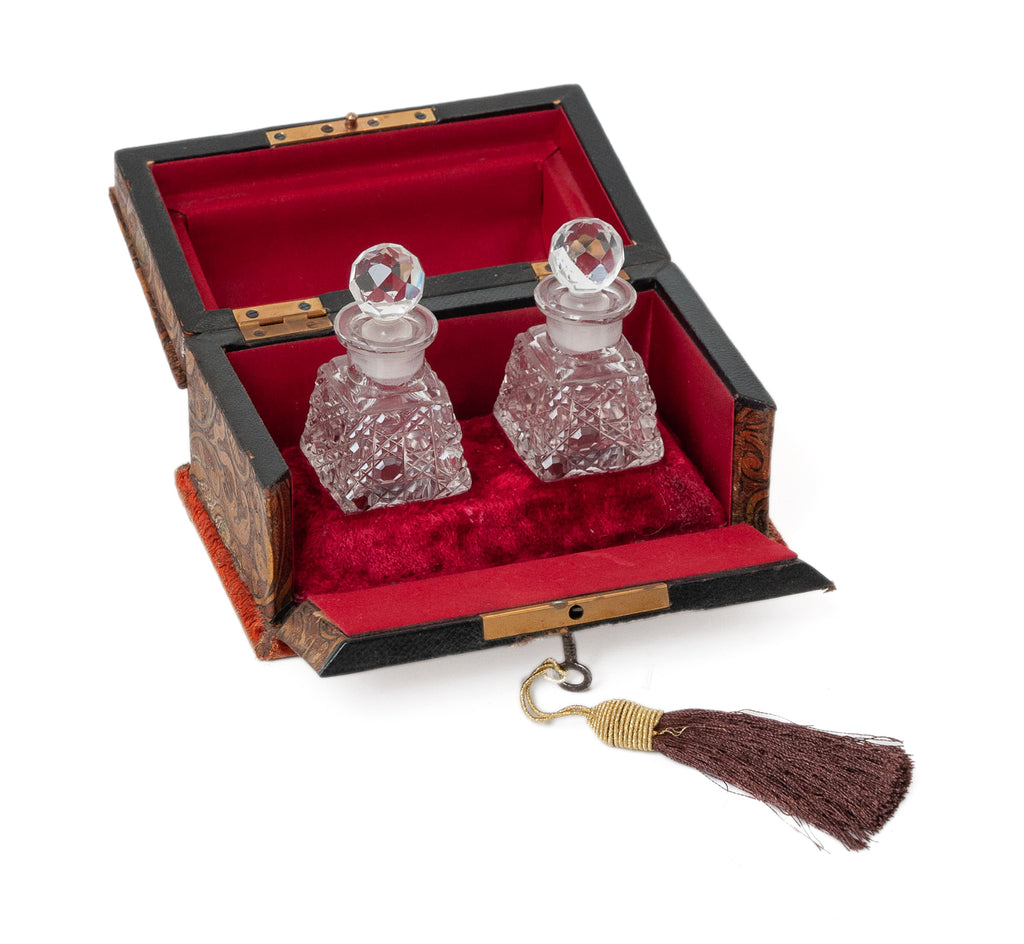 Antique French Palais Royal Gilt Brass & Leather Scent Box with Glass Bottles (Code 1533)