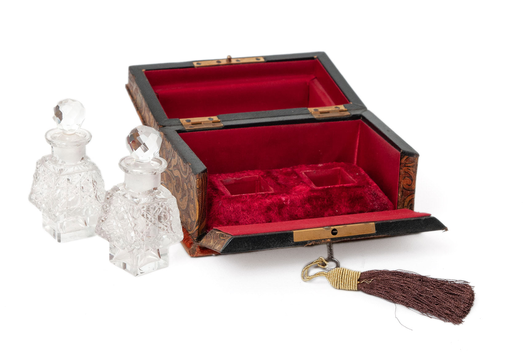 Antique French Palais Royal Gilt Brass & Leather Scent Box with Glass Bottles (Code 1533)