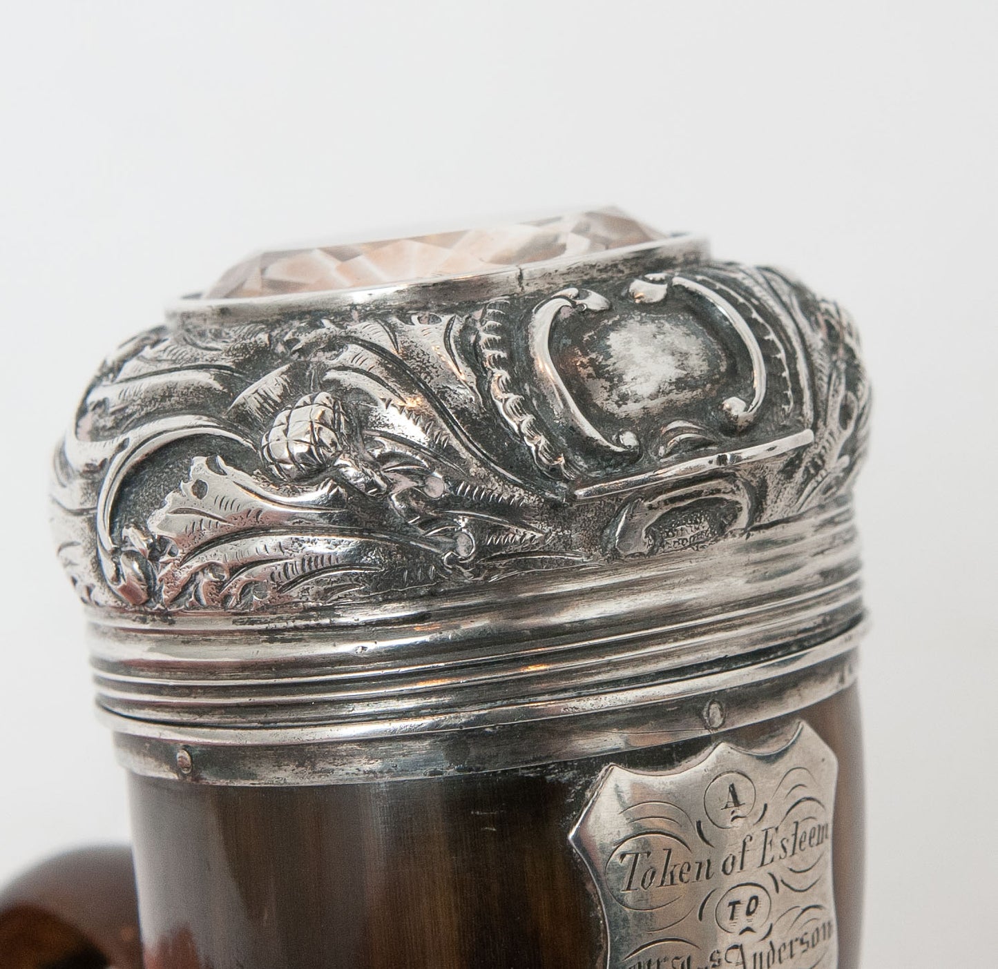 Antique Scottish Rams Horn Snuff Mull Box with Citrine & Silver Lid & Queen Anne Shilling (Code 1534)