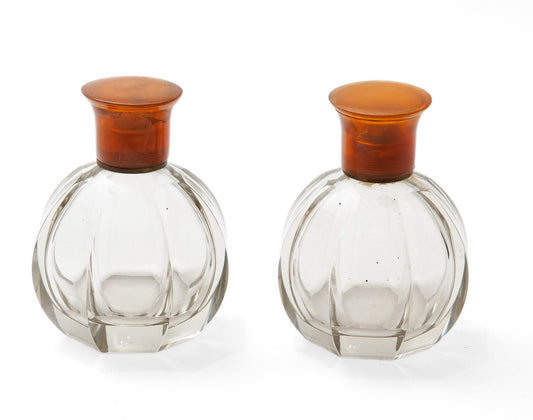 Pair of Antique Art Deco Heavy Cut Glass & Brass Mounted Scent Perfume Bottles (code 1554)