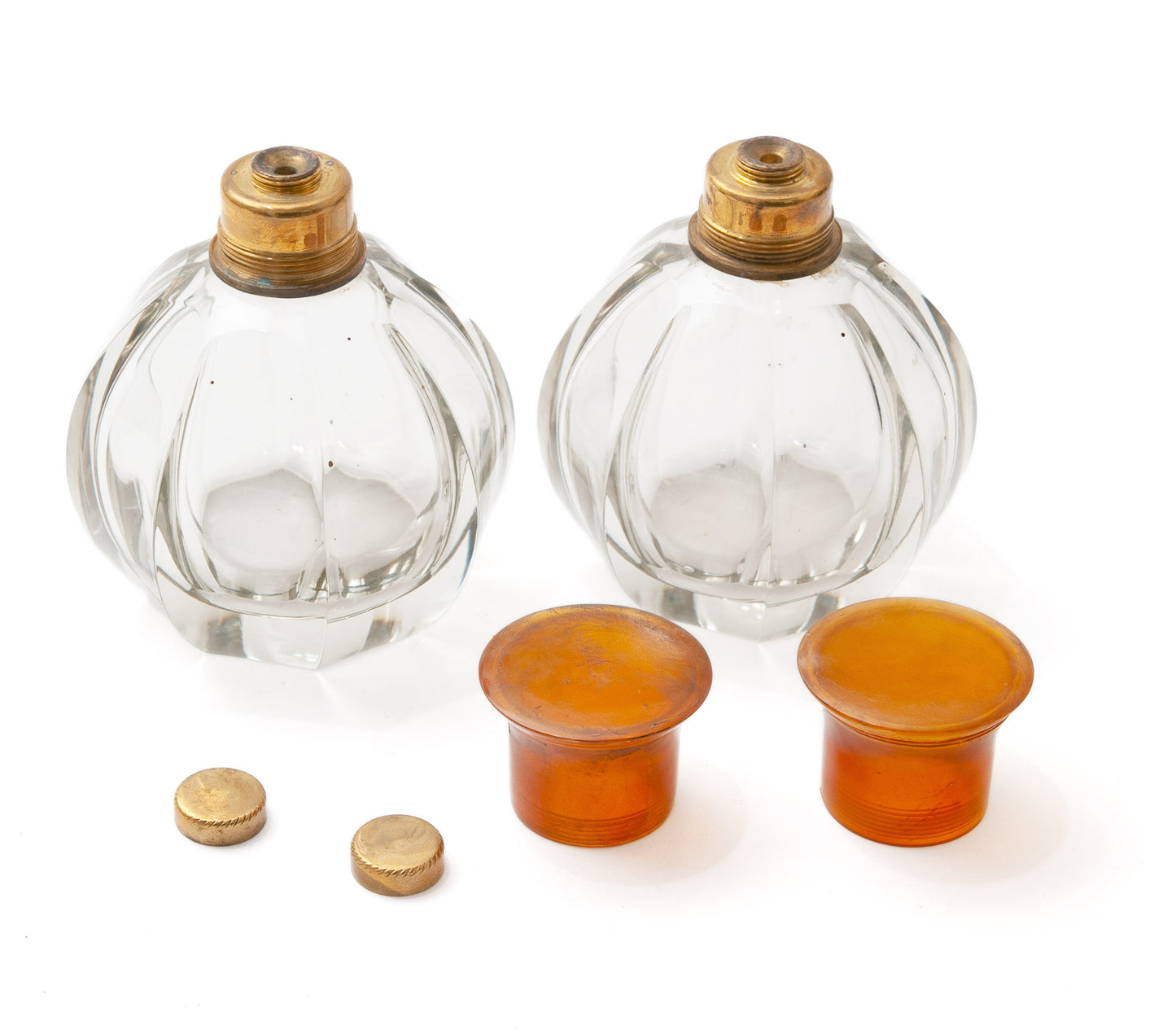 Pair of Antique Art Deco Heavy Cut Glass & Brass Mounted Scent Perfume Bottles (code 1554)