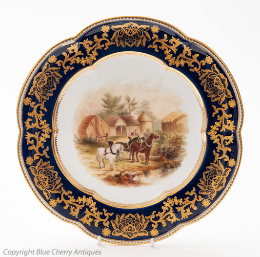 Antique Coalport China Bucolic Hand Painted Cabinet Plate - Rural Horses Scenic (Code 1567)