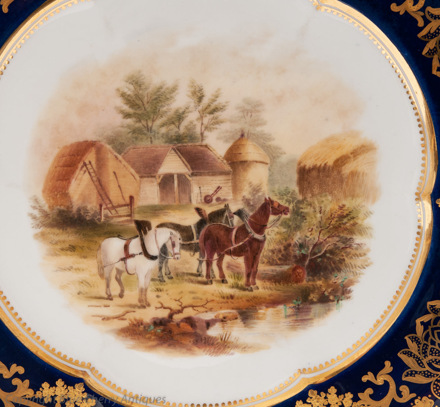 Antique Coalport China Bucolic Hand Painted Cabinet Plate - Rural Horses Scenic (Code 1567)