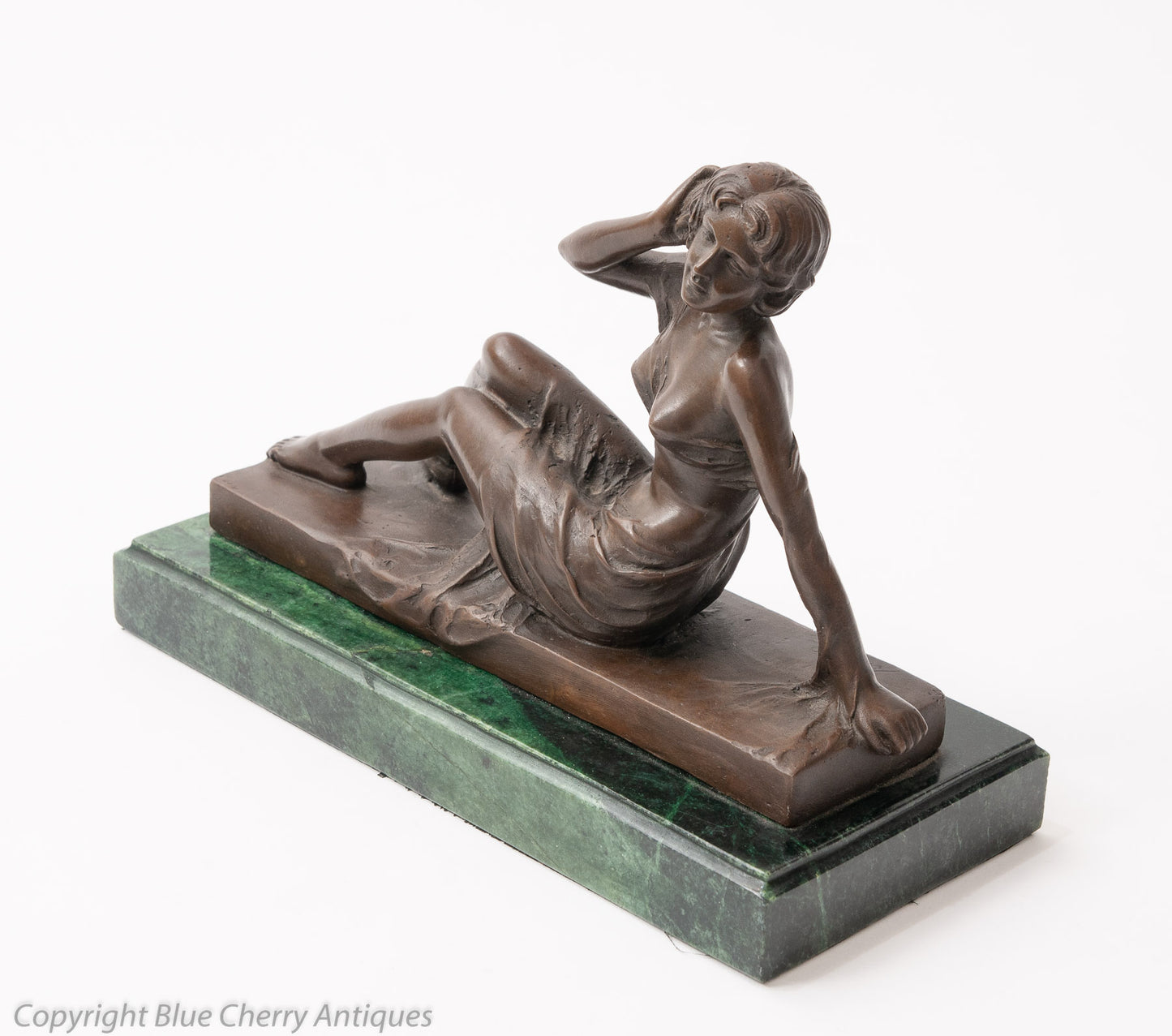 Art Deco Design Patinated Bronze Figure of Reclining Female on Green Marble Base (Code 1578)