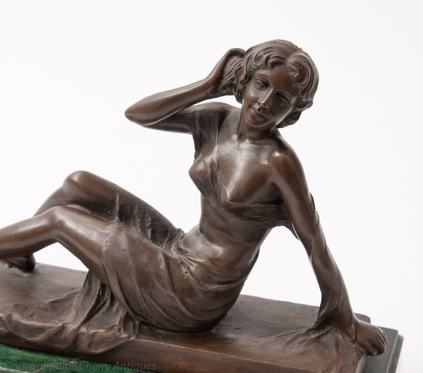 Art Deco Design Patinated Bronze Figure of Reclining Female on Green Marble Base (Code 1578)