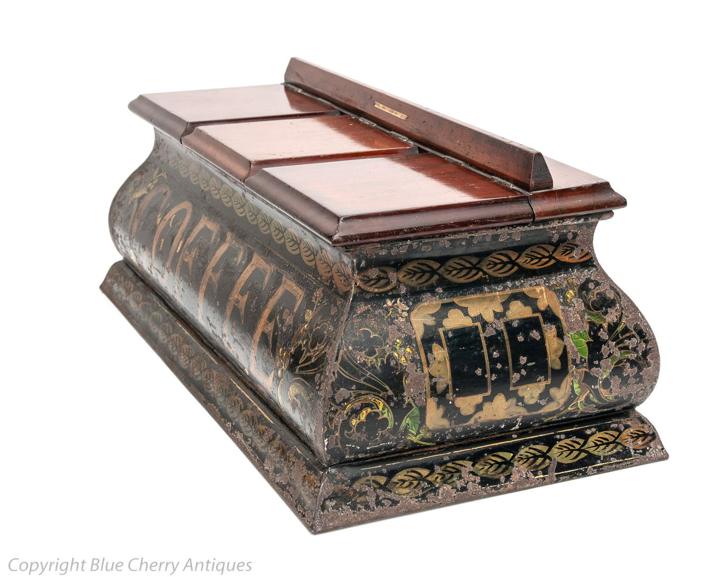 Rare Antique Parnall & Sons Toleware & Mahogany Wood Coffee Bin Box Shopfitting (Code 1631)