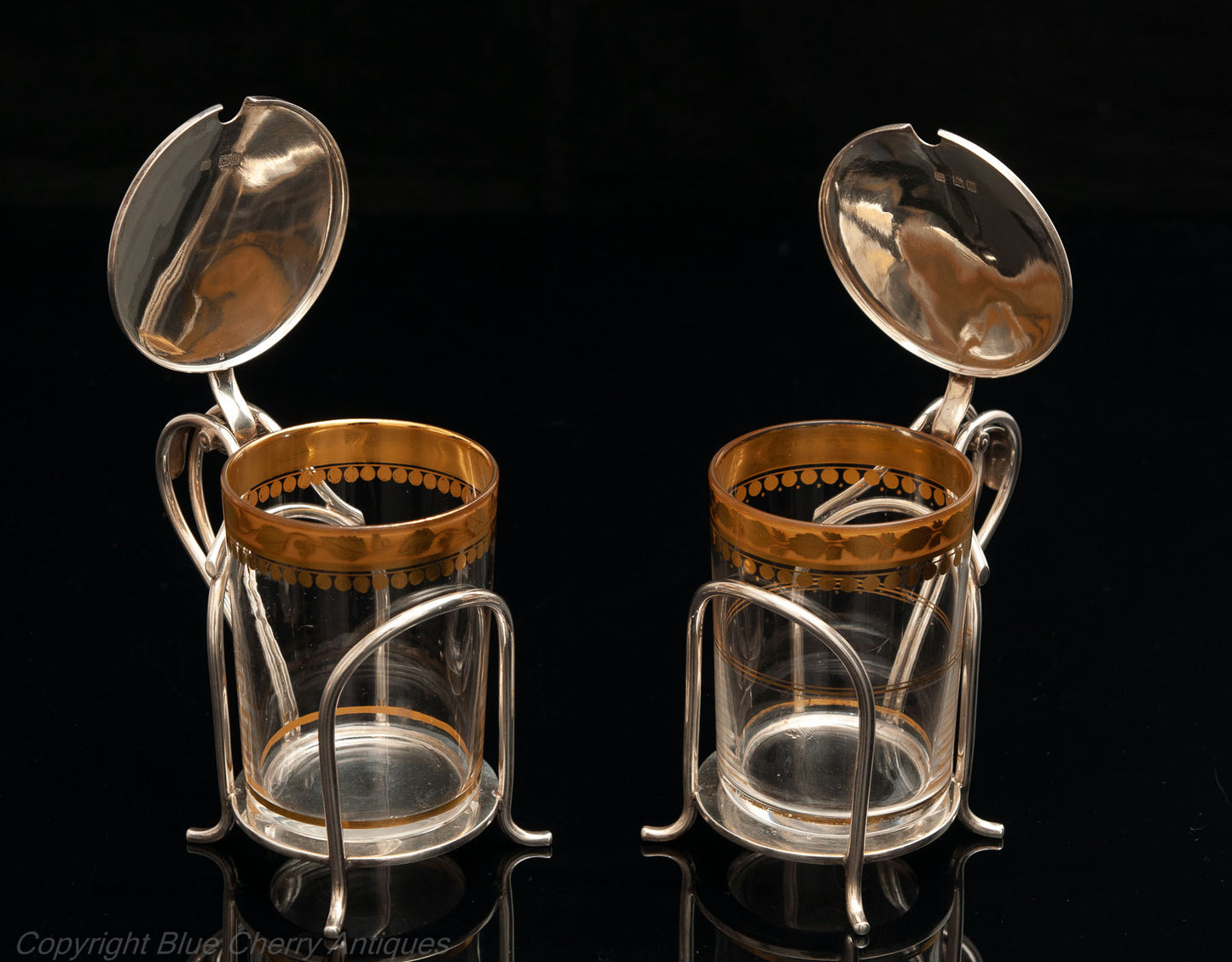 Fine & Rare Pair of Hukin & Heath Silver & Gilt Glass Hot Toddy Cups London 1907 (Code 1637)