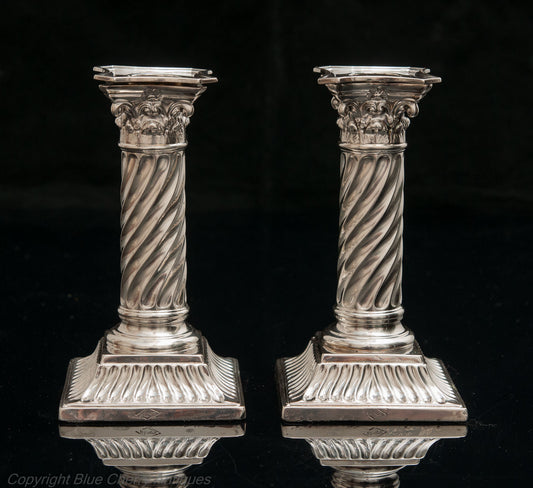 Pair Martin Hall Antique Victorian Hallmarked Silver Corinthian Candlesticks (Code 1641)