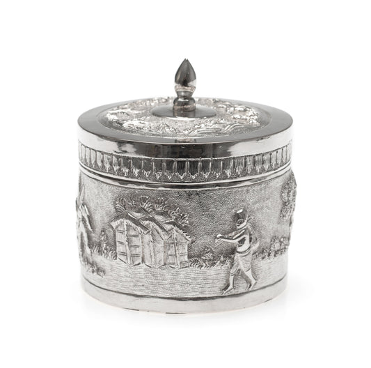 Vintage Indian Silver Plate Small Lidded Round Repousse Box with Pastoral Scenes (Code 1643)