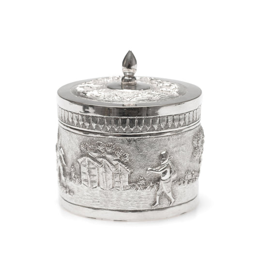 Vintage Indian Silver Plate Small Lidded Round Repousse Box with Pastoral Scenes (Code 1643)