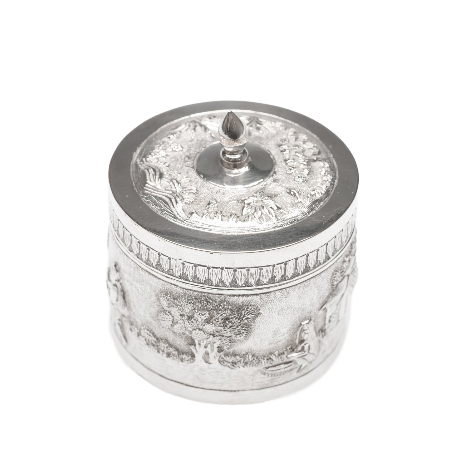 Vintage Indian Silver Plate Small Lidded Round Repousse Box with Pastoral Scenes (Code 1643)